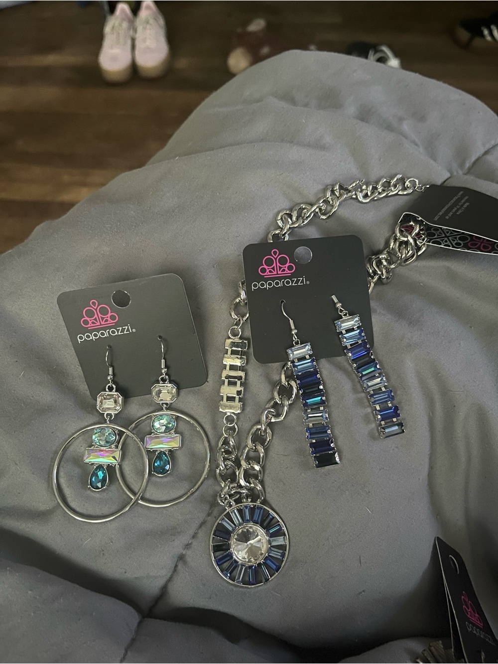 paparazzi Silver-Tone Blue and Teal Crystal Necklace with Two Earring Sets